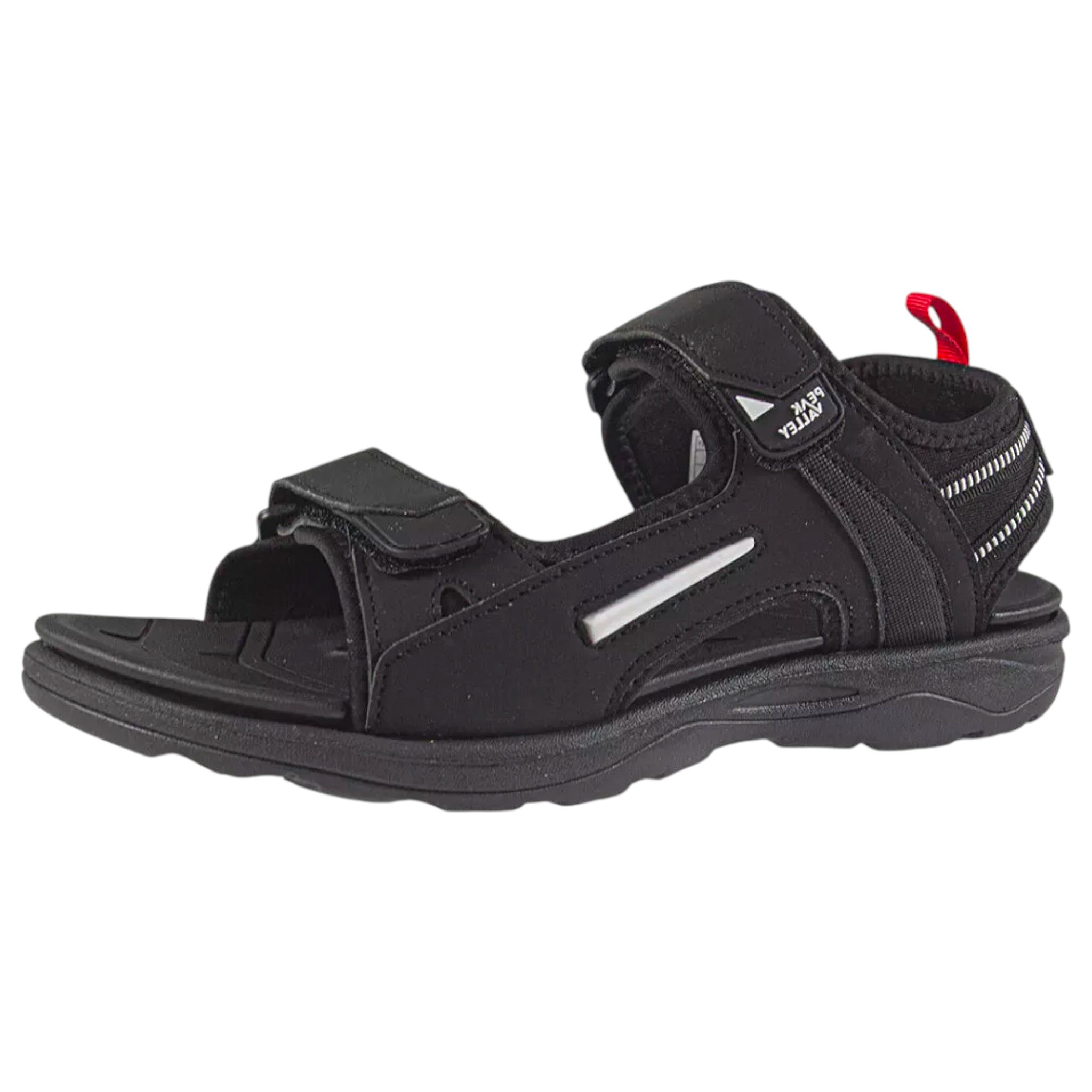 Men's black Peak Valley outdoor sandals with rugged sole and adjustable Velcro straps – durable trekking and walking footwear